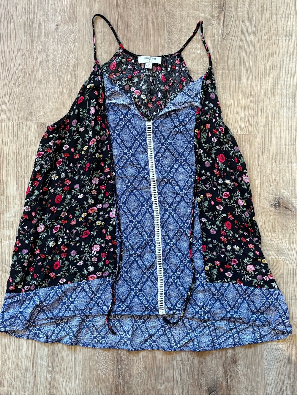 Umgee Flowy Black & Blue Floral Patchwork Spaghetti-Strap Tank